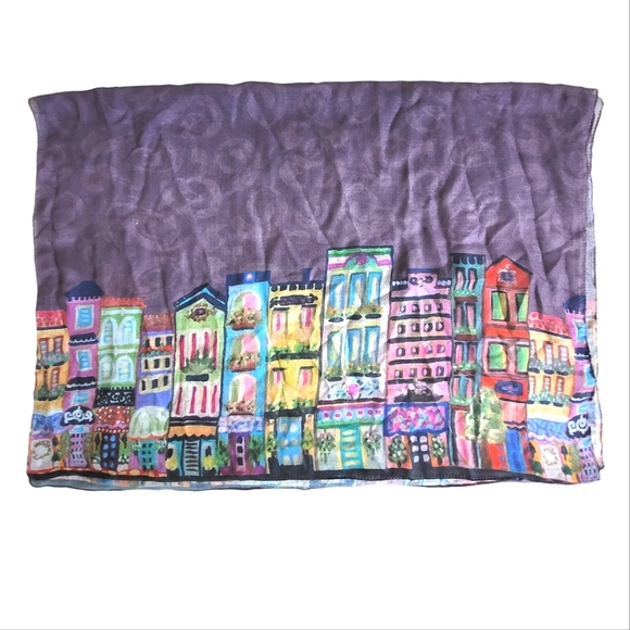 Karen Fields Lightweight Scarf with City Town Print Trim Purple Women's - Picture 4 of 8
